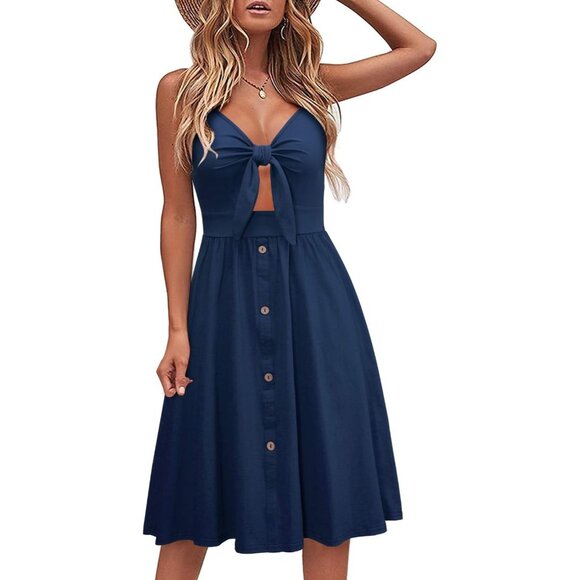 🆕Women Navy Floral Beach Sundress V Neck Cotton Tie Knot Summer Dress w/ Pocket - Picture 1 of 6